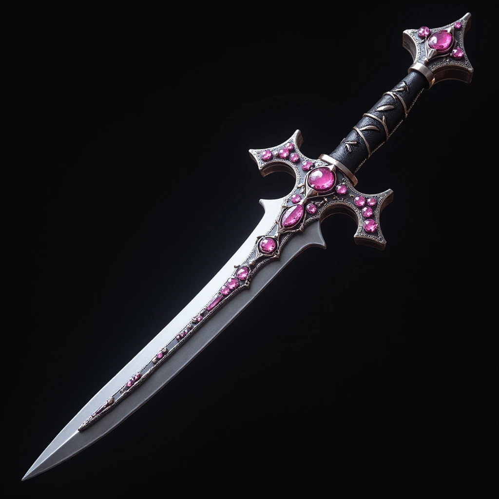 realistic gothic dagger, with pink gemstones, photorealistic style emoji
