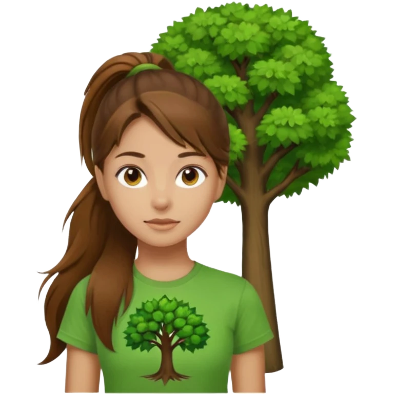Make a zumba coach emoji, brown eyes, brown hair girl, long ponytail,green t shirt with a tree logo on It emoji
