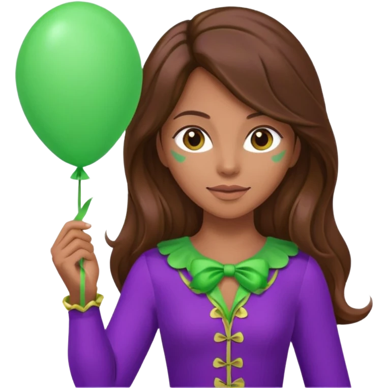 woman with long brown hair and purple costumes, holding green balloon emoji