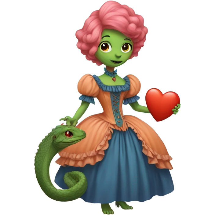 a green reptilian woman in Victorian orange and blue dress, pink hair,holdig, red big hearth, full body emoji