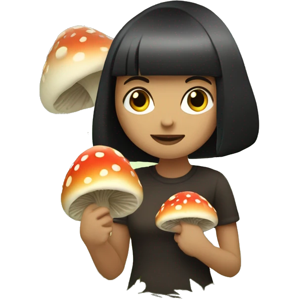 female with fair skin, dark bob and a fringe is picking up mushrooms in a forest emoji