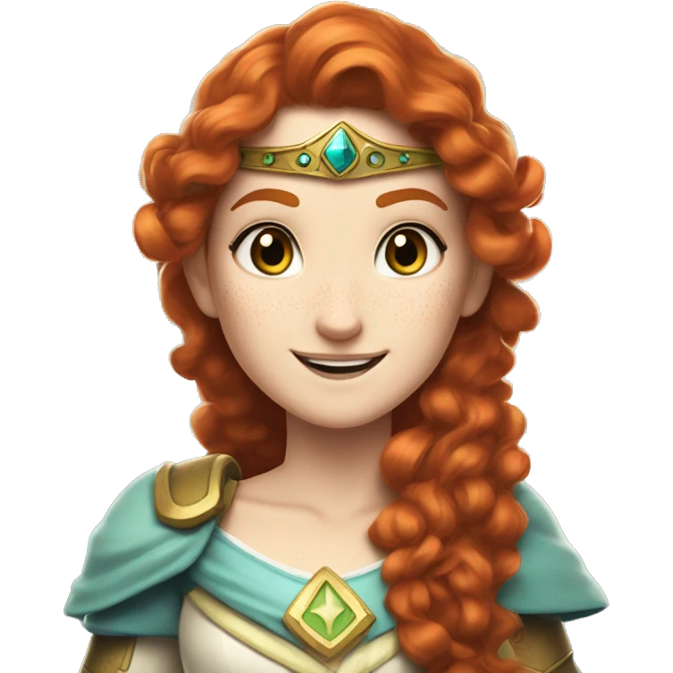 a white girl with long red curly hair and freckles, cosplaying Princess Zelda posing and smiling emoji