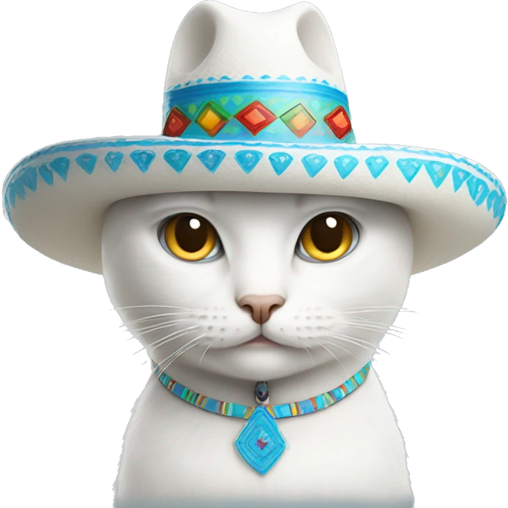 White cat with blue tears wearing a Mexican sombrero emoji