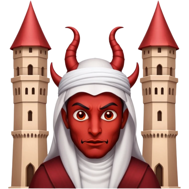 Devil with Arab hat next to two identical towers emoji