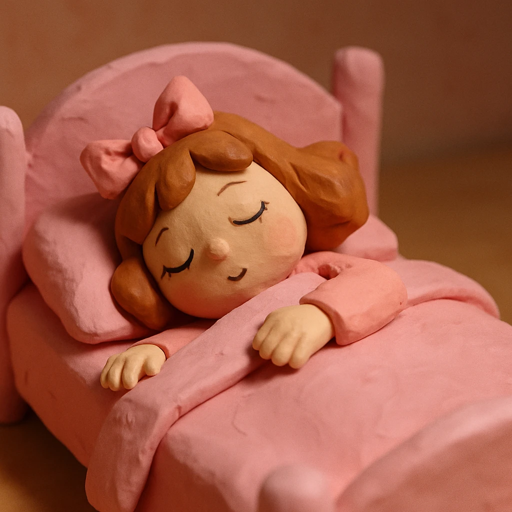 coquette girl sleeping in a pink soft bed, claymation style emoji