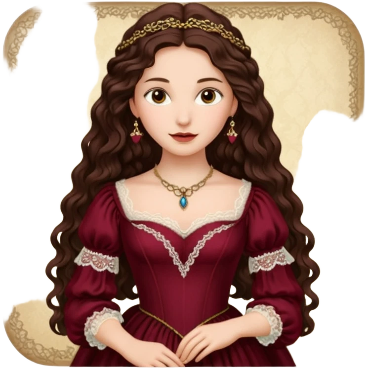 Renaissance lady – long dark brown wavy hair, burgundy gown with lace neckline emoji