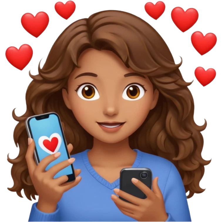 Girl with wavy brown hair and hazel eyes Looking at phone and in love and she is excited and hot with hearts emoji