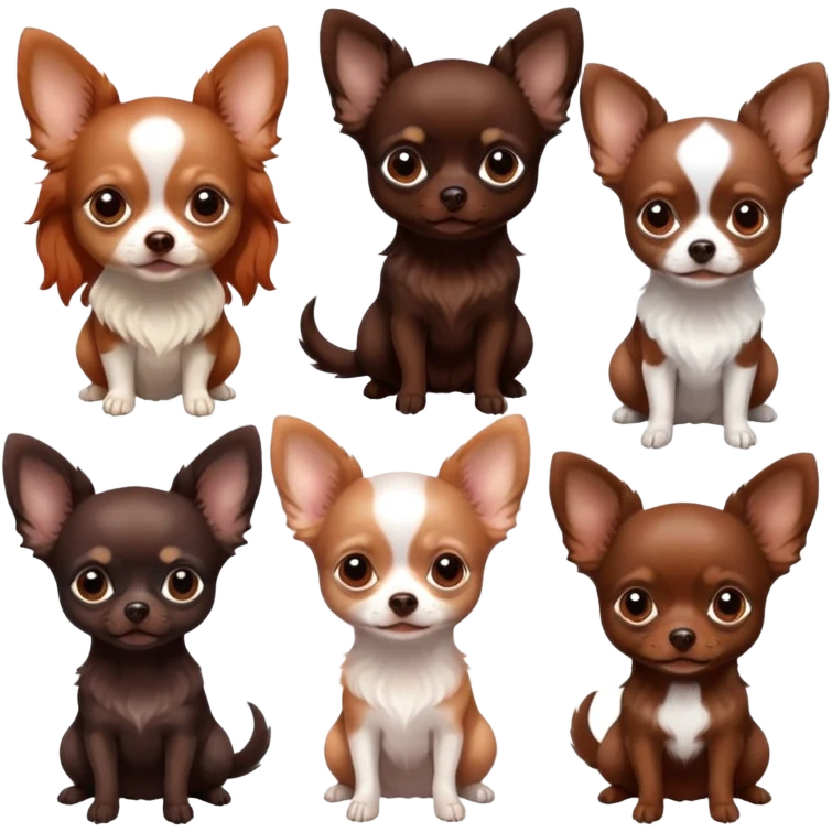 Girl with natural red hair, chocolate Chihuahua longhair, black Chihuahua with lop ears, beige brown black Chihuahua, chocolate Merle Chihuahua with one prick ear, one lop ear emoji
