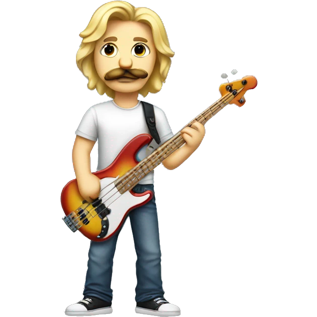 A long haired blond man with a thick mustache holding a bass wearing a tshirt and jeans emoji