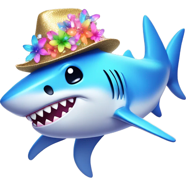 Kawaii rainbow pastel bedazzled shark wearing fedora with neon flowers  emoji