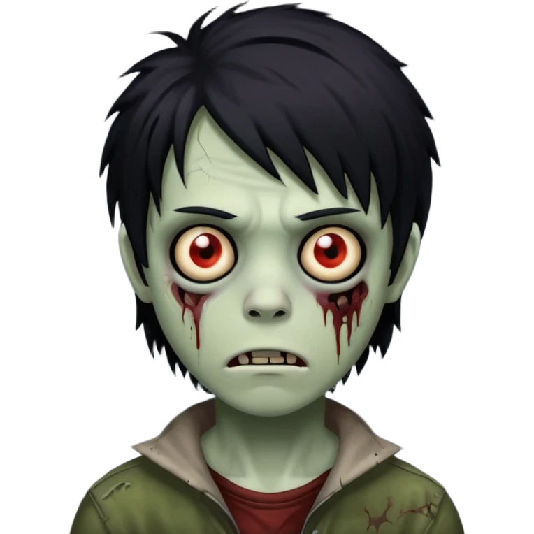 creepy boy zombie, medium-long black emo hair, shaggy, dark and spooky, unsettling expression emoji