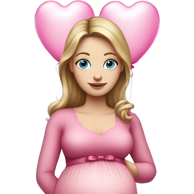 White pregnant woman with blue eyes and Dark blond hair, pink dress with bow. She is standing holding two  pink heart ballons.  emoji