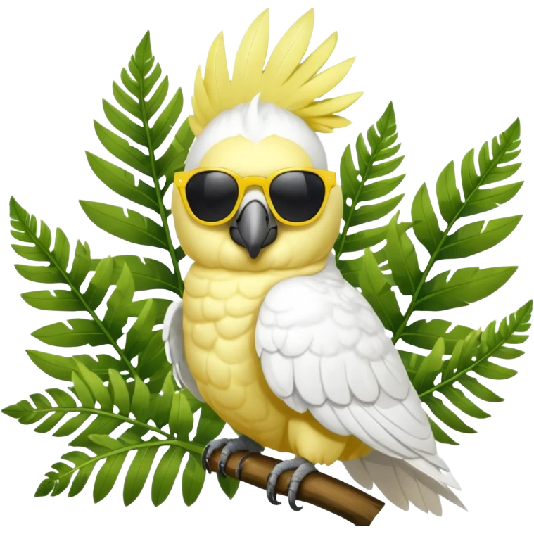 sulfer crested cockatoo wearing sunglasses sitting in a green fern tree emoji