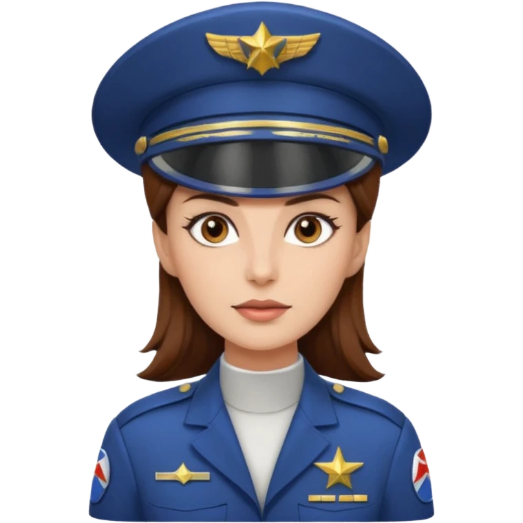 woman with brown hair and brown eyes.  space ship captain with white military hat emoji