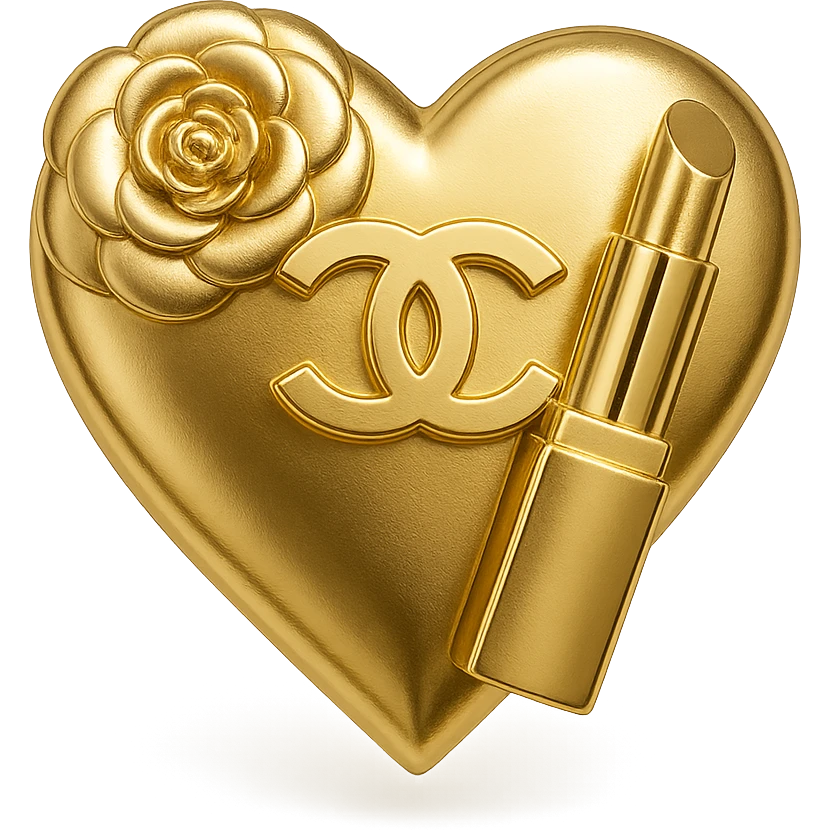 Chanel heart in metallic gold style with a camellia flower and a lipstick, fashion accessory theme emoji