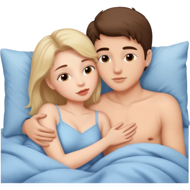 A woman and a young man are lying in bed and cuddling with each other. And they kiss on the lips. emoji