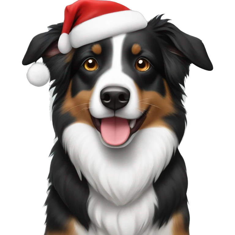 Black and white australian shepherd with santa hat emoji