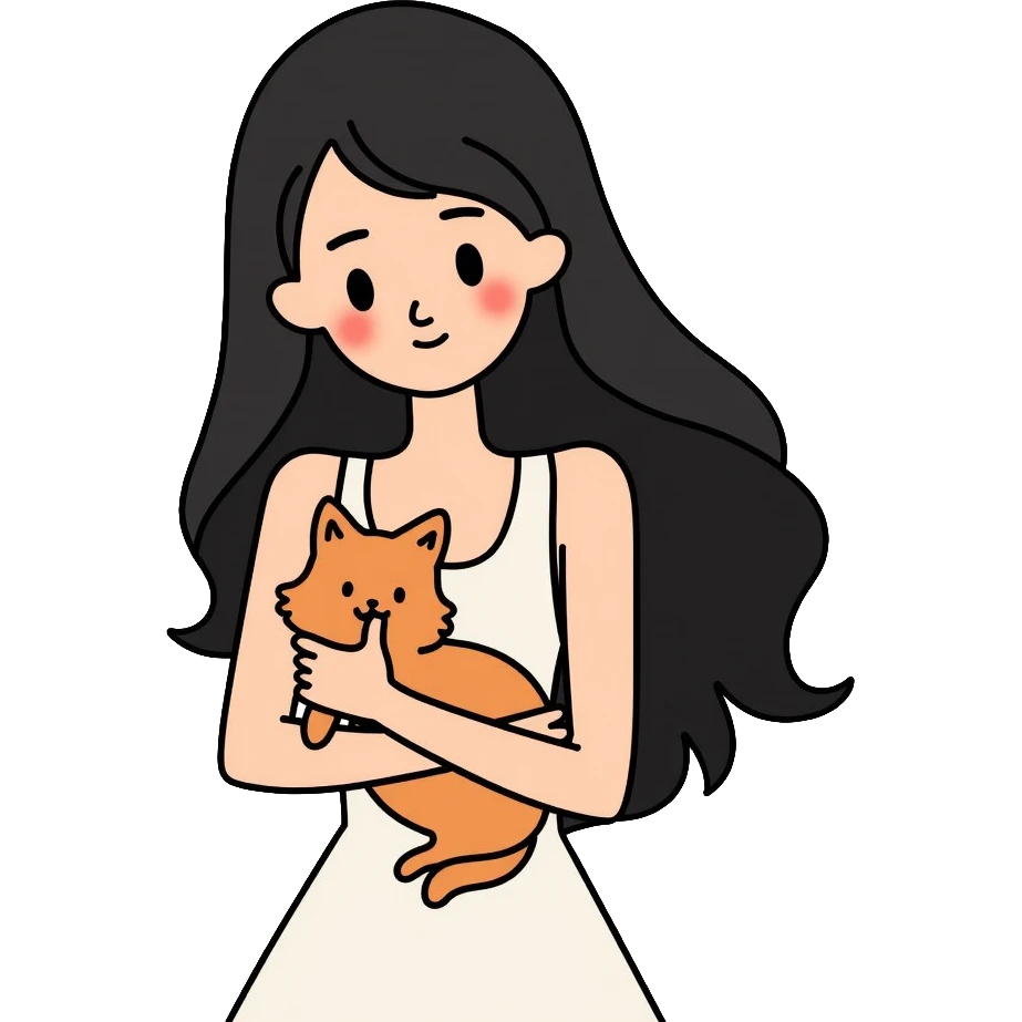 beautiful girl with long black hair wearing a white dress holding an Abyssinian cat with reddish-brown fur in her arms emoji