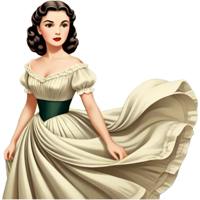 Icon for Romance Movie: A vintage movie poster-style design inspired by Gone with the Wind. Include romantic, sweeping imagery like Scarlett O'Hara in a flowing dress, Rhett Butler, a plantation backdrop, and fluttering wind-blown fabric. Soft, nostalgic cinematic feel. Transparent background. emoji