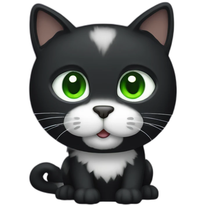 A black cat with green eyes with a white mustache, a white stripe on its nose, a full-length white breast and white paws emoji
