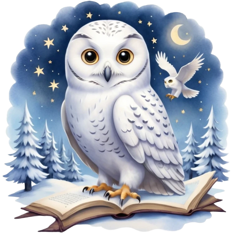 A hand-drawn fantasy illustration of Hedwig, Harry Potter’s snowy owl, with soft watercolor style, gentle pastel tones, magical sparkles in the air, cozy wizarding atmosphere, storybook illustration, high detail, whimsical and warm mood. ohne backgraund emoji