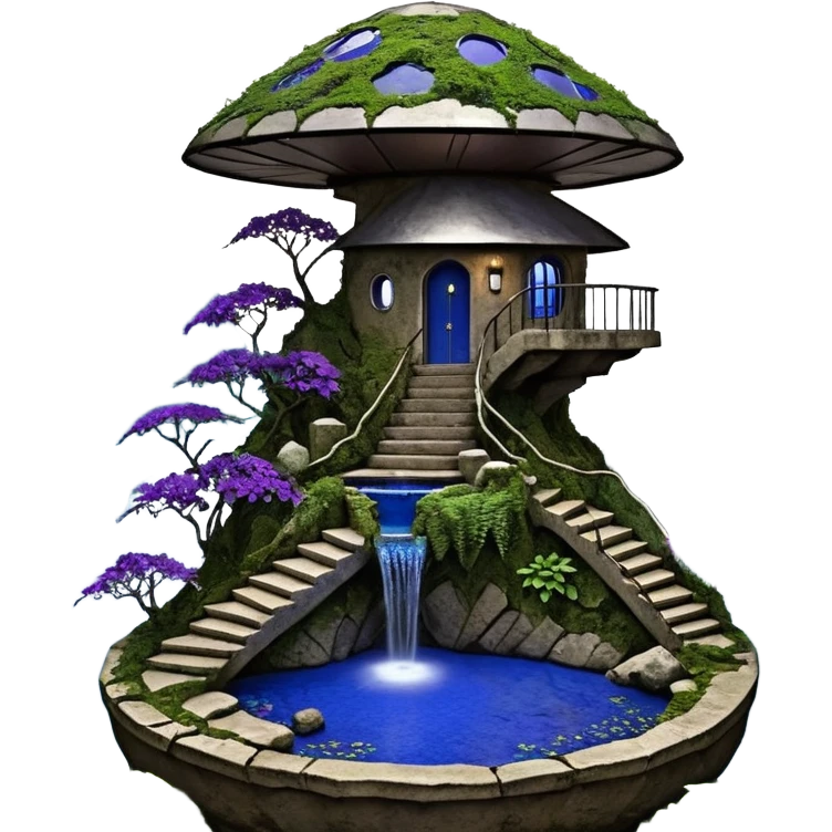 Alien saucer house jungle-vines precarious narrow stairway fountain mountain-island getaway nighttime landscape antique mudman very old broken cracked intricate Stone Age lapis-crusted irregular dodecagon-shaped shallow dark moss rough bark violet serissa flowered maple tree bonsai pot emoji
