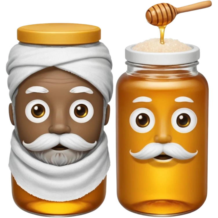 Garama and Madundung are together a gray container of salt and a honey container with a cloth on top. They each have eyes with white in the middle, a mouth, nose, and mustache both customary to their colors. They have hairy legs and emit an aura of salt (Garama), and honey (Madundung). emoji