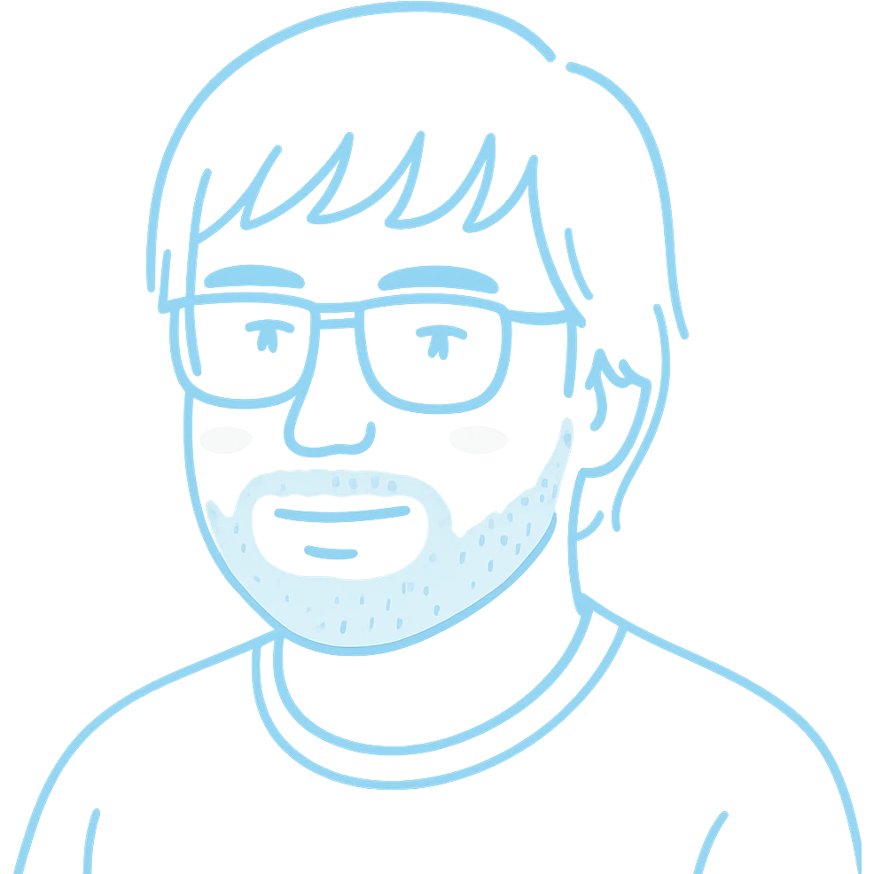 A man with stylish glasses, attractively disheveled longer hair that still looks nicely styled with perfect bangs across the forehead, a round face shape, and a broader nose. Use light sky blue for all primary outlines and details, very subtle pink highlights restricted to the cheeks, and gray tones used only for the beard and minimal shadow details where necessary. emoji