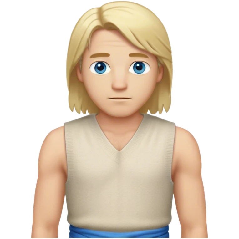 medieval summer outfit worn by a DnD themed fantasy male character. basic sleeveless tunic made of lightweight wool, slightly open at the sides for breathability. clothes only above the waist. The clothes full waist. The character's haven't arms. character is white-skinned, blonde hair, blue eyes, shoulder-length straight hair. emoji