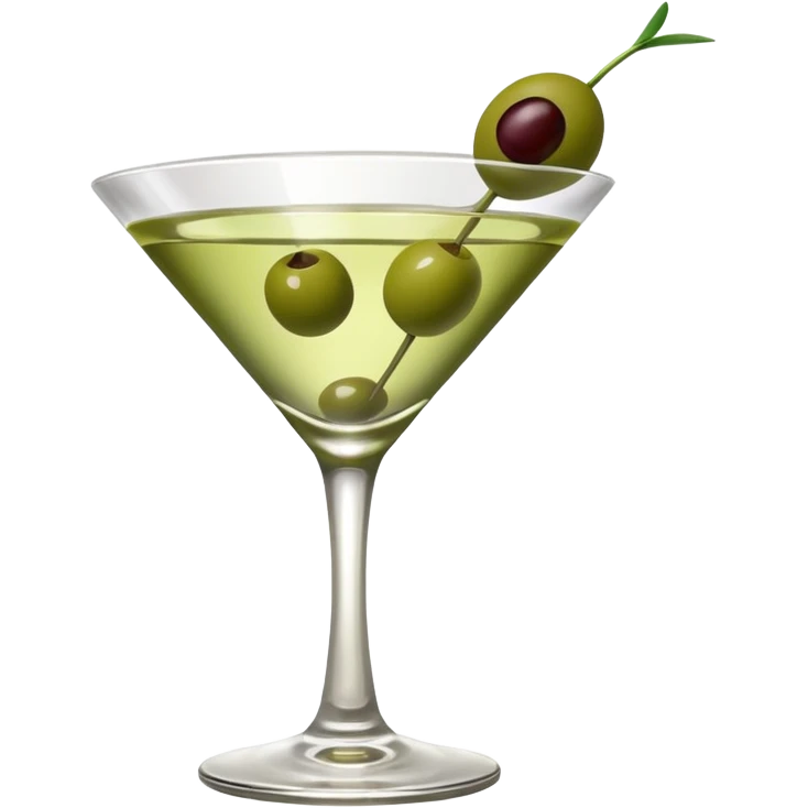 martini glass with 3 olives. no straw, just 1 stick that the olives will be stuck on. olives should have the same size. no leaves at all. liquid should be more white/clear than green emoji