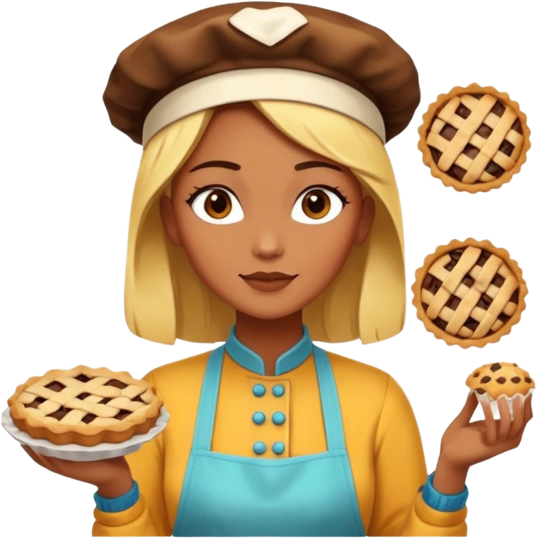 Baking community woman avatar in vibrant style illustration. Pie, cookie, and muffin warm golden tones, simple shapes, flat design, high contrast. emoji