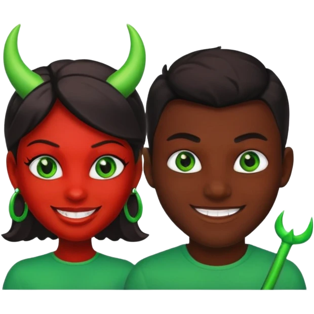 two evil persons (male and female) with devilish smile and black face and green eyes emoji