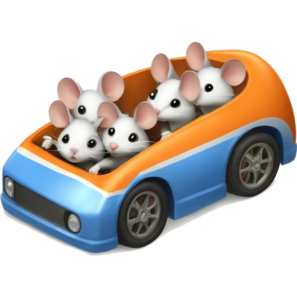 Three mice sitting in a carrot race car emoji