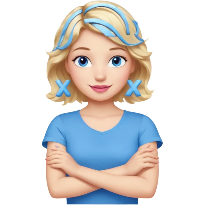 Girl Blonde short wavy hair,  blue eyes, cute blue top, long lashes, pink lips, smiling, making cross arms X with arms  emoji