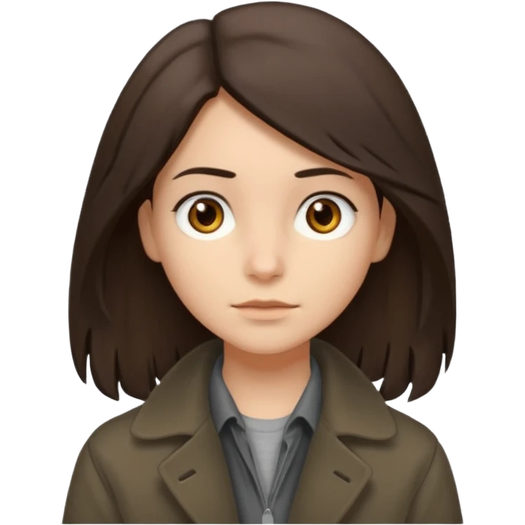 Hobo tomboy with shoulder-length center-parted dark brown hair. brown eyes, dark dull brown coat, grey shirt. emoji
