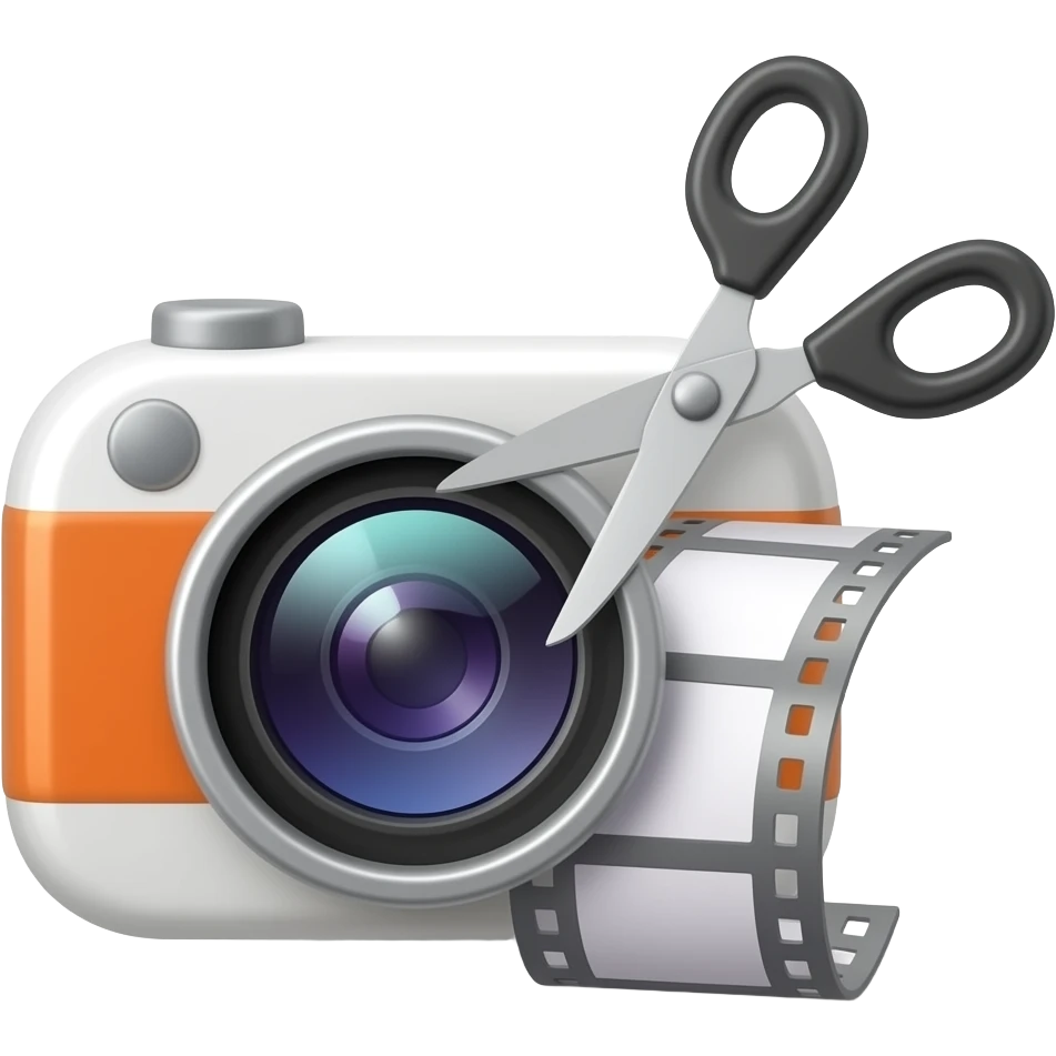 Apple-style 3D emoji of video editing cut, camera with scissors cutting a film strip, glossy, minimal, soft shadows, white background, no text emoji