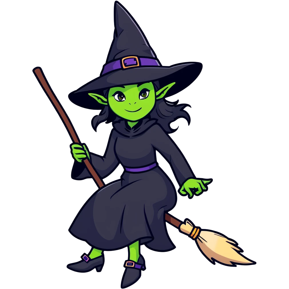Elphaba, green-skinned witch with black hat and long black dress riding a broomstick emoji
