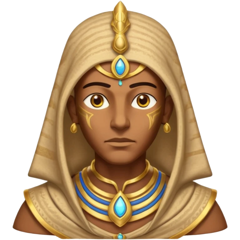 ancient pharaoh sand mage portrait, head and shoulders only, Egyptian-inspired hood collar, gold ornaments, mystical sand swirl, glowing eyes, 3D cartoon, mobile game icon style, clean background, no text, no watermark
 emoji