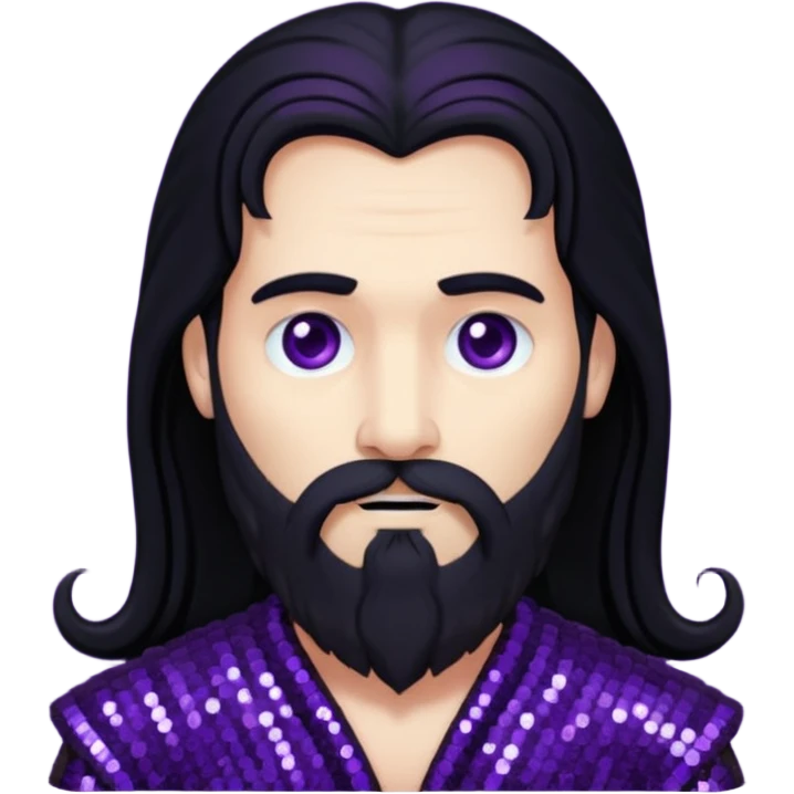 Pluto, God of Death from Gods and Goddesses with long black hair and beard, deep purple sequin outfit emoji