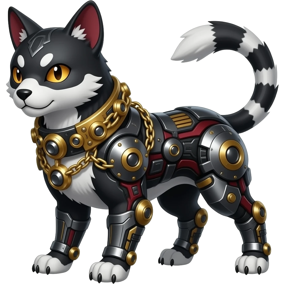 Mature quadrupedal Epic majestic complex  glorious futuristic detailed dark dusky gloomy deep gothic sanguine-blood-maroon-black-white, realistic Fakémon-Sprigatito-Houndoom-Luxray-Persian-Trico-Shinx-Serval-Vernid-creature (full body) with metal gears and metal collar with gold chains emoji