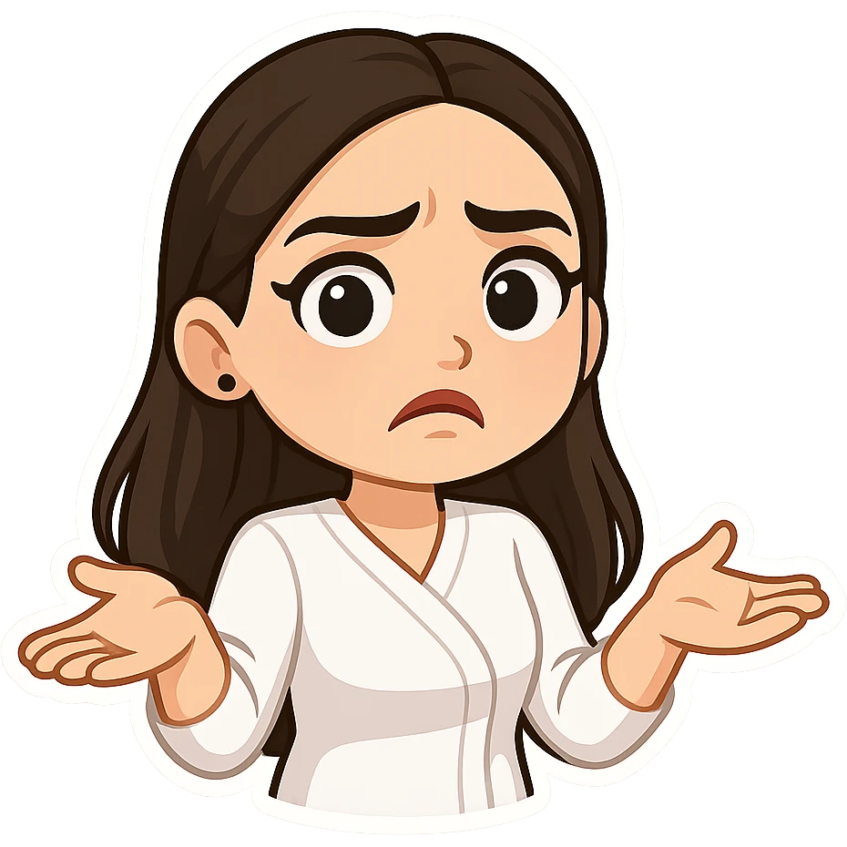Create a chibi sticker of the girl from the reference image with a questioning expression and gesture like 'what the heck?'. Use 3D bitmoji style with a white outline and transparent background. emoji