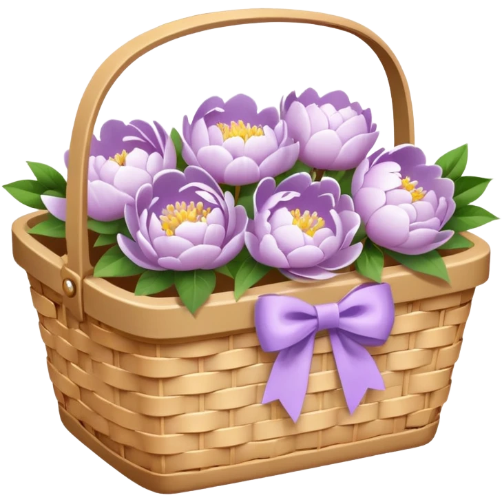White Picnic basket with lilac bow and white peonies inside emoji