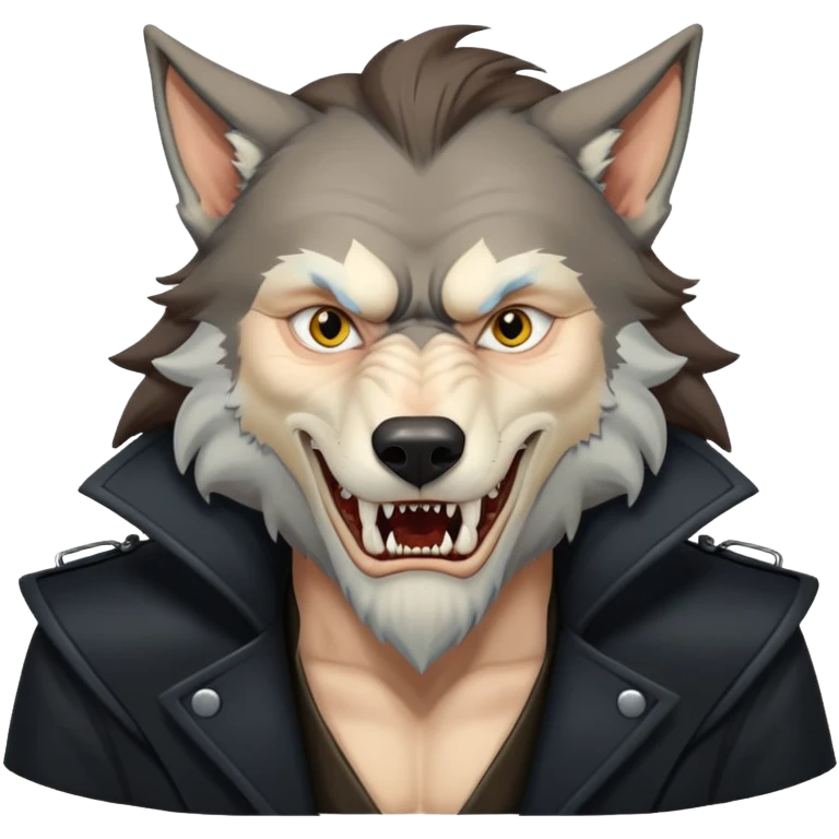 Fenrir Greyback in harry potter, black open chest coat, wolf face, pointed ear, bared teeth emoji