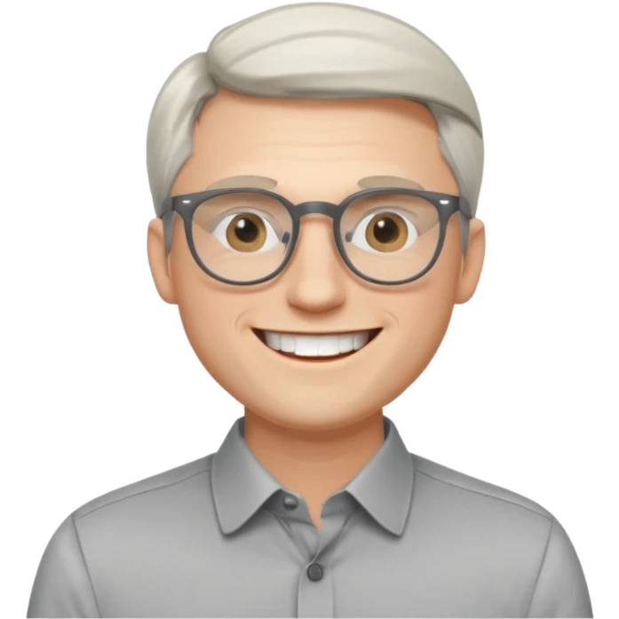 30 yr old pale white man, white/grey side swept stylish hair, round glasses, big smile, white teeth, handsome, longer hair, thin glasses, dress shirt emoji