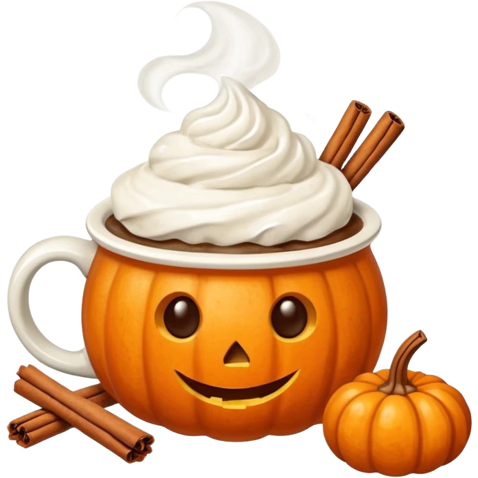 Steaming coffee Mug with whipped Cream and cinnamon Dust on Cream.  Small Punkin and 3 sticks of cinnamon next to mug emoji