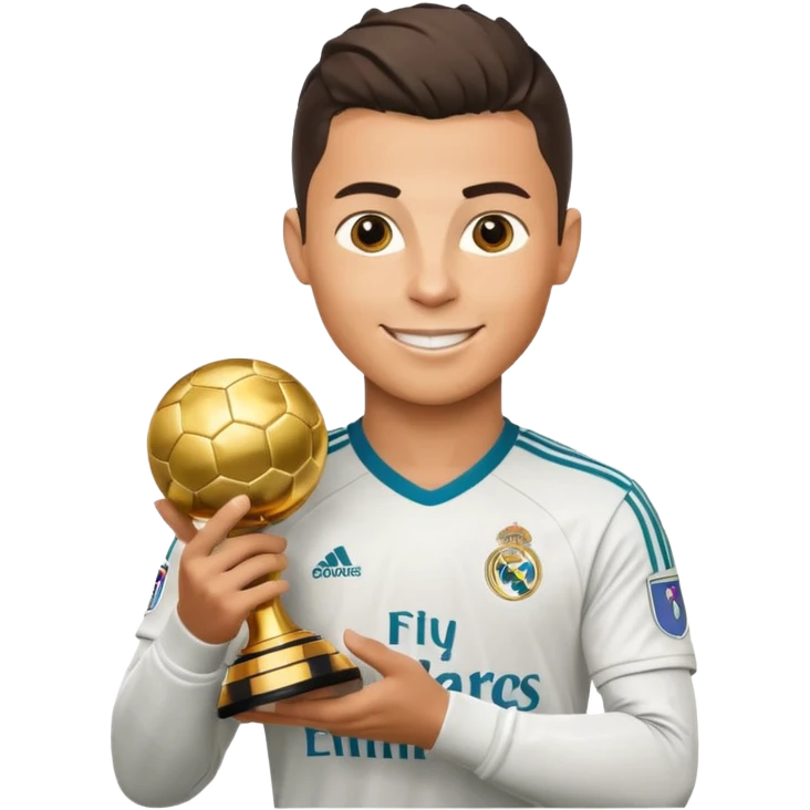 Cristiano Ronaldo in Real Madrid soccer uniform holding the Golden Ball trophy emoji
