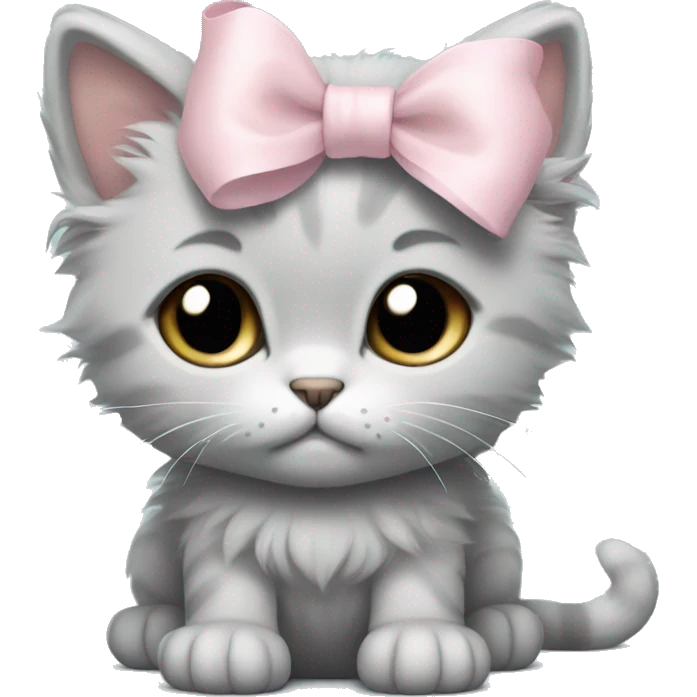 sad big fluffy light gray kitten with pale pink bow emoji