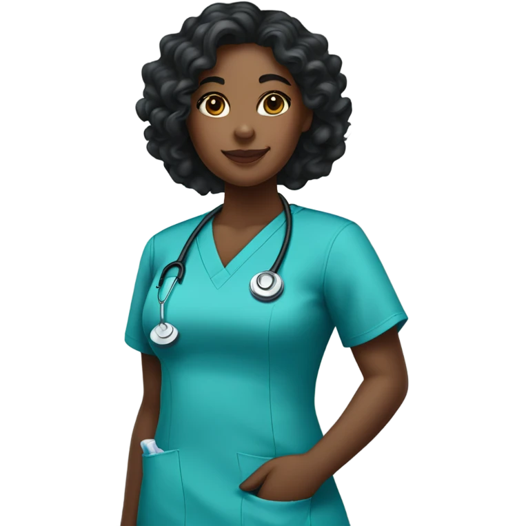 black woman wearing nursing scrubs with curly long black hair emoji