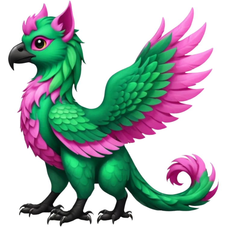 Emerald-green gryphon with a long tufted tail, black beak, pink swirly pattern markings, black claws, black tail, majestic, realistic, furry (full body) emoji
