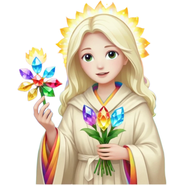 a being of light with a robe on made of light and who is lanky holding a bouquet of crystal flowers on rainbow fire emoji